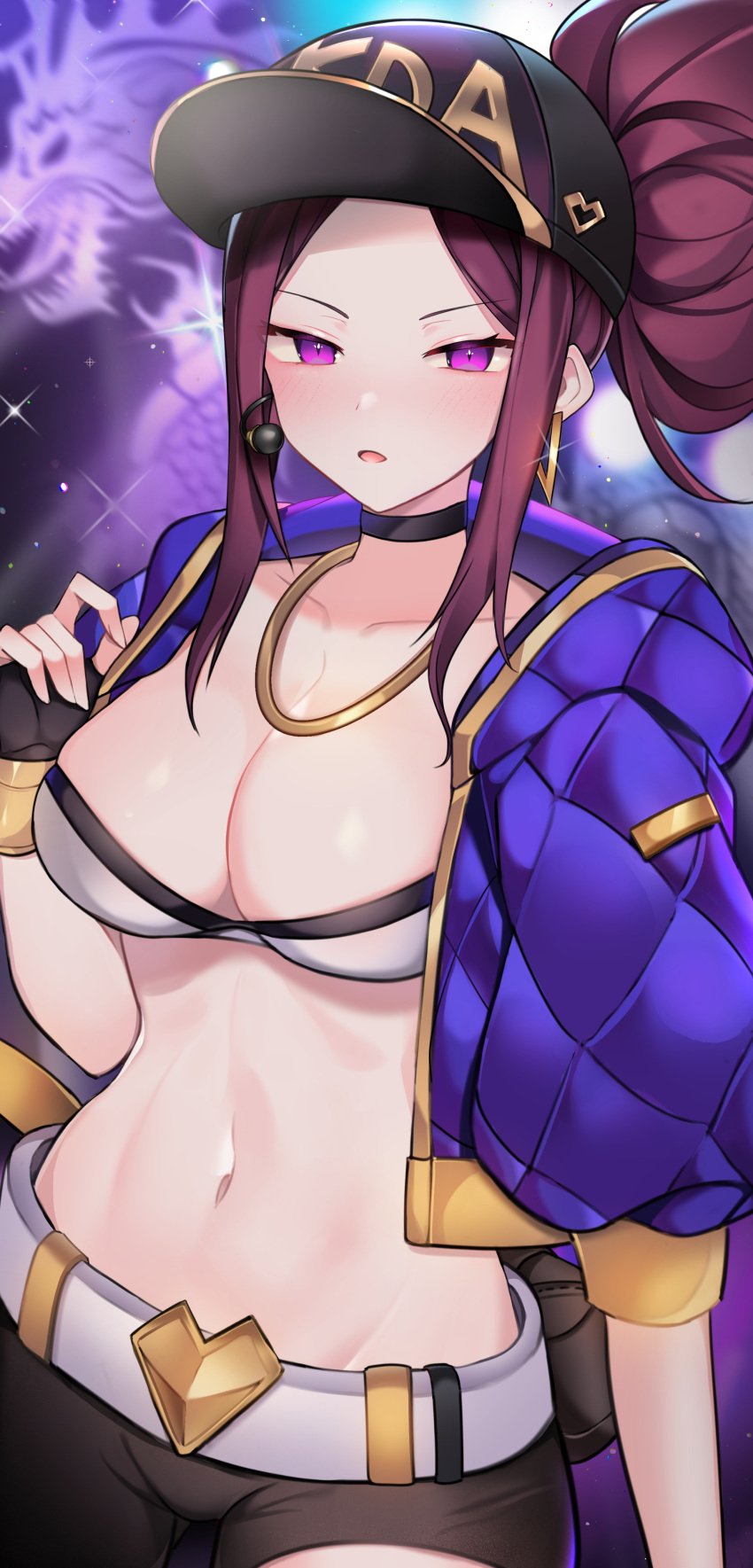 akali baseball_cap brown_hair choker chuin cleavage k/da_akali k/da_series league_of_legends necklace only_female pink_eyes ponytail strapless strapless_top strapless_topwear streetwear tubetop