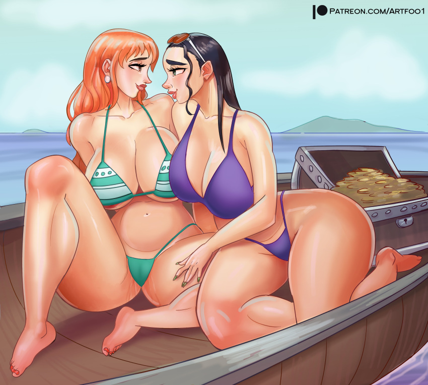 2girls artfoo_1 big_breasts bikini bikini_bottom bikini_top black_hair boat chest cleavage eyebrows eyelashes female female_only gold_(metal) gold_coin green_eyes large_breasts light-skinned_female light_skin lipstick long_hair nami navel nico_robin one_piece orange_hair post-timeskip striped_bikini sunglasses sunglasses_on_head thick_thighs thighs wide_hips yuri