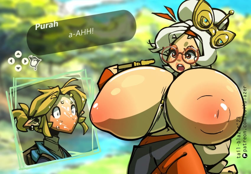 1boy 1girls 2023 areolae artist_name big_areola big_nipples blonde_hair blush breast_slip breasts breasts_bigger_than_head breasts_out chopsticks_in_hair clothed english_text female flute glasses holding_flute hyper_breasts link link_(tears_of_the_kingdom) male nintendo nipple_slip nipples open_mouth outdoors patreon_logo patreon_url purah purah_(tears_of_the_kingdom) red_eyes shocked speech_bubble tail-blazer tears_of_the_kingdom text the_legend_of_zelda top_heavy white_hair