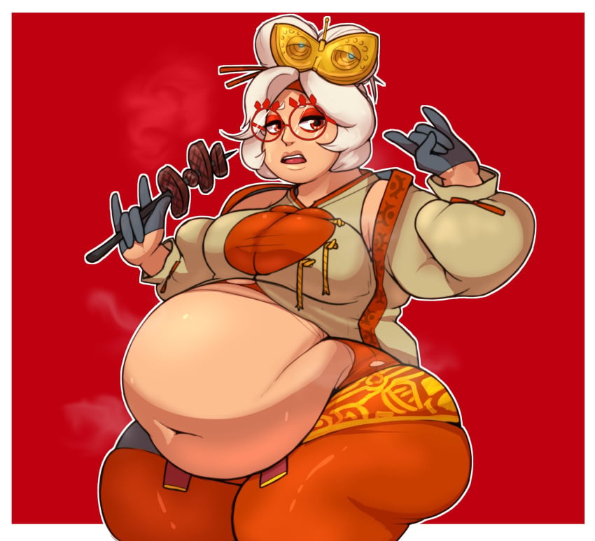 belly big_belly carameit carameit_ chubby clothed fat female food glasses meat nintendo overweight purah purah_(tears_of_the_kingdom) tears_of_the_kingdom the_legend_of_zelda weight_gain white_hair yellow_eyes