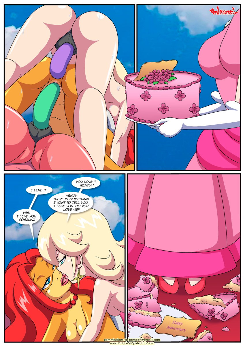 anthro bbmbbf cake caught caught_in_the_act comic koopaling mario_(series) nintendo palcomix peach_x_wendy_4_(comic) pom_pom_(mario) princess_peach princess_rosalina scalie super_mario_bros. wendy_o._koopa yuri