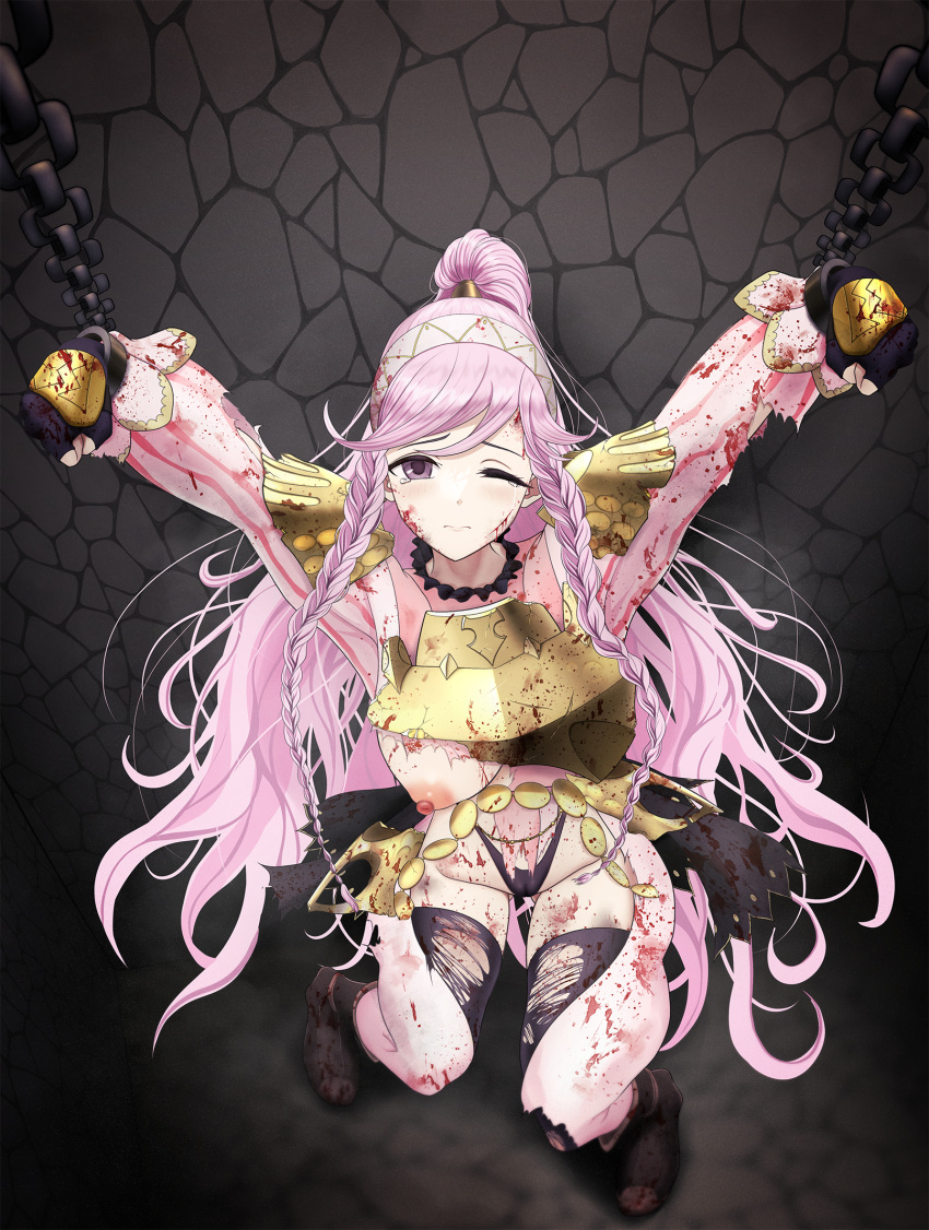 1girls alternate_costume armor arms_up bare_thighs black_panties blood bondage bound braid breasts breasts_out broken_armor chains female female_only femsub fingerless_gloves fire_emblem fire_emblem_awakening fire_emblem_heroes from_above frown gloves inner_thighs large_breasts long_hair long_sleeves looking_at_viewer looking_up nintendo nipples official_alternate_costume olivia_(fire_emblem) one_breast_out one_eye_closed panties partially_visible_vulva pelvic_curtain pink_eyes pink_hair ponytail restrained sakurein solo standing thighhighs thighs thong torn_clothes twin_braids underwear very_long_hair