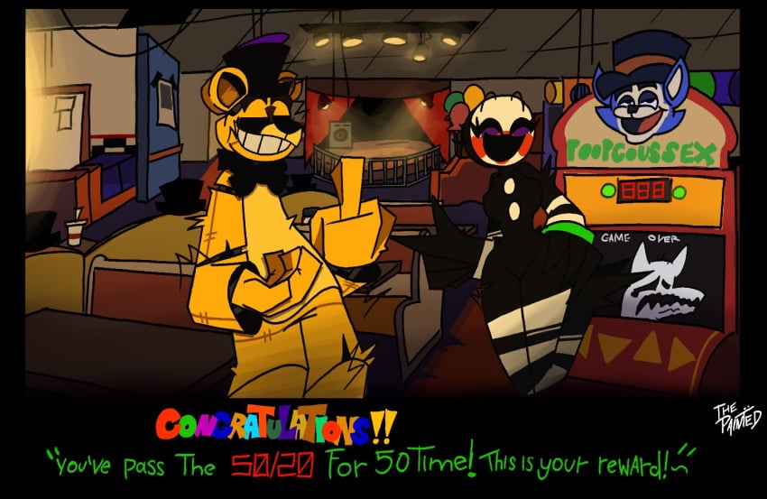 curvy drama five_nights_at_freddy's golden_freddy_(fnaf) marionette_(fnaf) middle_finger ollopit272 peace_sign popgoes puppet_(fnaf) the_painted theft_king_(youtube) theft_king_is_a_slut youtuber