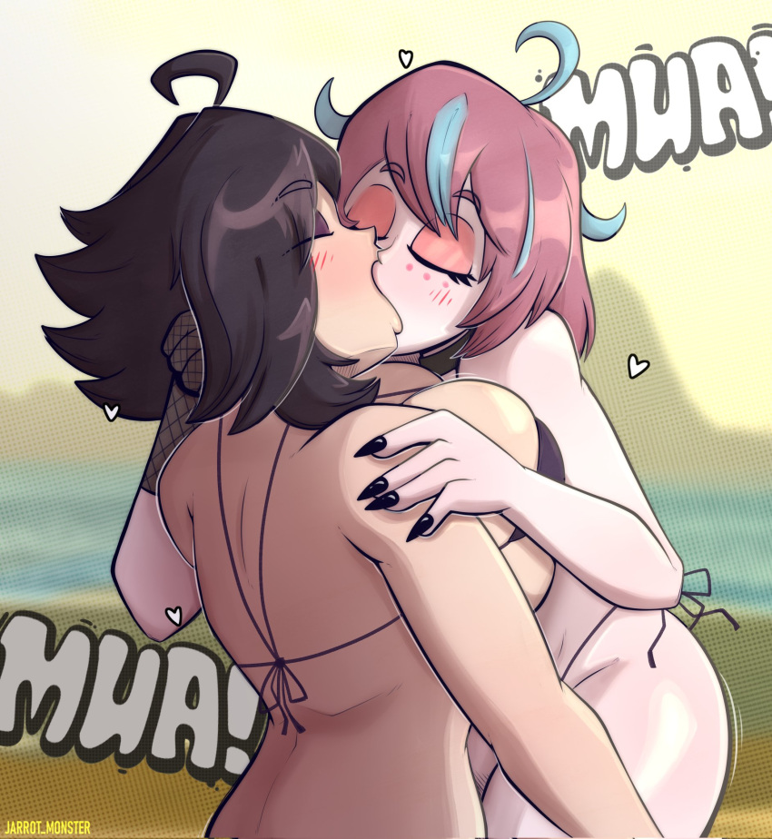 2girls black_nails breasts emikukis female female_only jarrot_monster jarrotxx karmavt kissing lesbian_kiss multiple_girls onomatopoeia owozu underwear virtual_youtuber vtuber youtube youtube_hispanic yuri