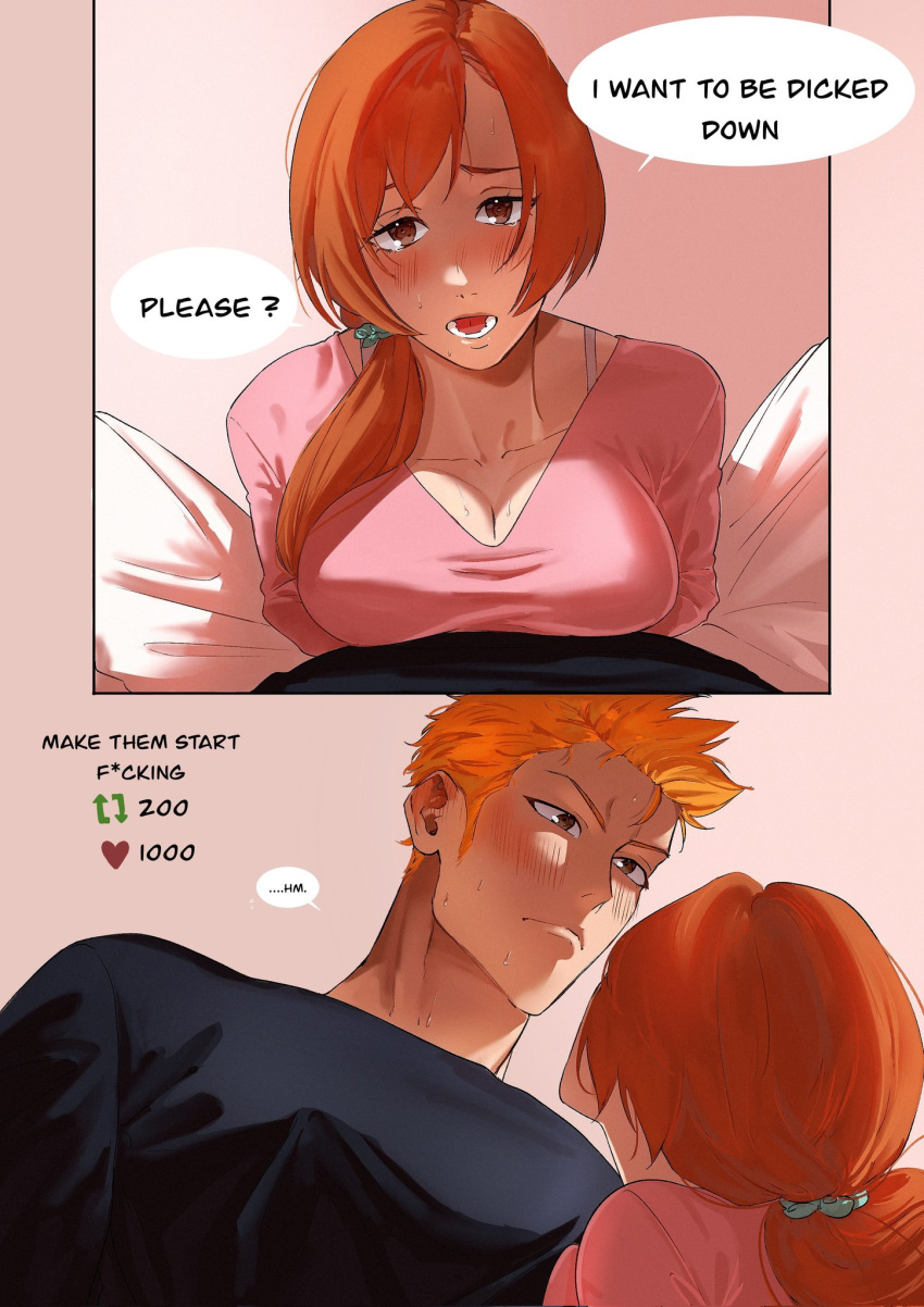 1boy 1boy1girl 1girls asking asking_for_sex auburn_hair big_breasts bleach bleach:_the_thousand-year_blood_war blush breasts canon_couple comic comic_page couple dialogue embarrassed embarrassed_male female flustered horny horny_female husband_and_wife ichigo_kurosaki inoue_orihime long_hair male orange_hair origussy ponytail romantic_couple short_hair speech_bubble spread_legs