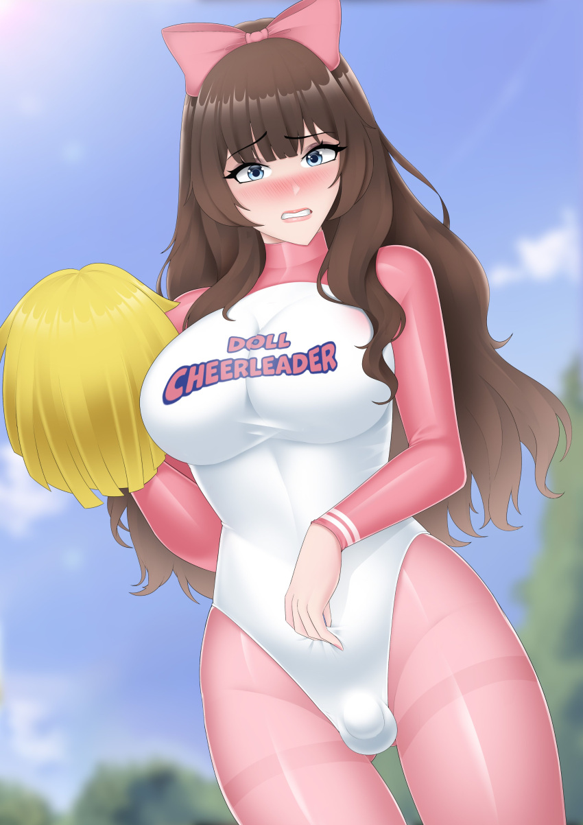 1futa 2023 big_breasts blue_eyes breasts brown_hair bulge cheerleader clothed color flaccid fully_clothed futa_only futanari hairbow human jesscatg light-skinned_futanari light_skin lipstick long_hair low-angle_view maisie_(jesscatg) mostly_nude pom_poms shiny_clothes solo standing tagme tight_clothing uncensored