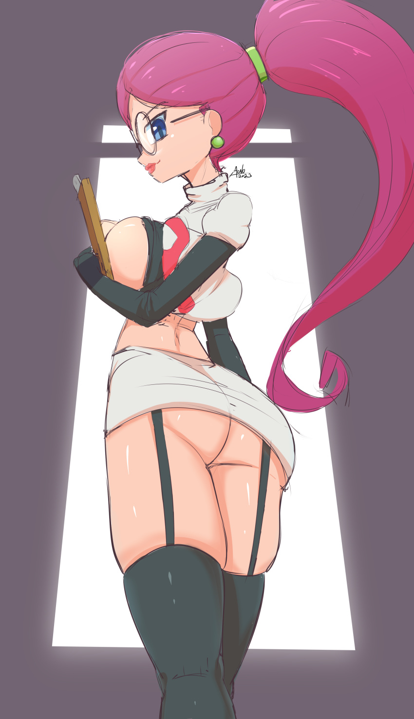 aonoexorcist100 big_ass big_breasts blue_eyes fanart glasses jessie_(pokemon) nintendo perspective pokemon ponytail red_hair short_skirt sideboob sketch team_rocket thick_ass thick_thighs