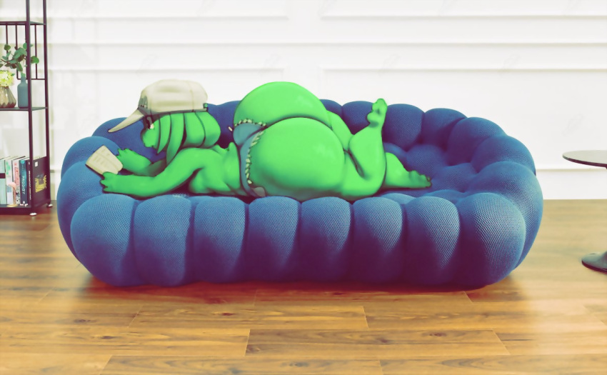 alien ass big_ass book cap couch femboy green_body huge_ass jay_(sqoon) male puwa reading sqoon thick_thighs wide_hips