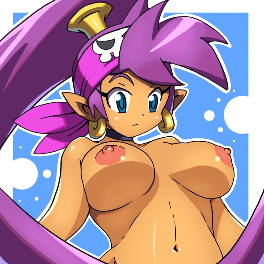 1:1 areola armiearts bandana blue_eyes breasts choker ear_piercing ear_ring female hair hi_res humanoid_pointy_ears jewelry kerchief long_hair necklace nude piercing purple_hair ring_piercing shantae shantae_(character) shantae_and_the_pirate's_curse simple_background smooth_skin solo wayforward