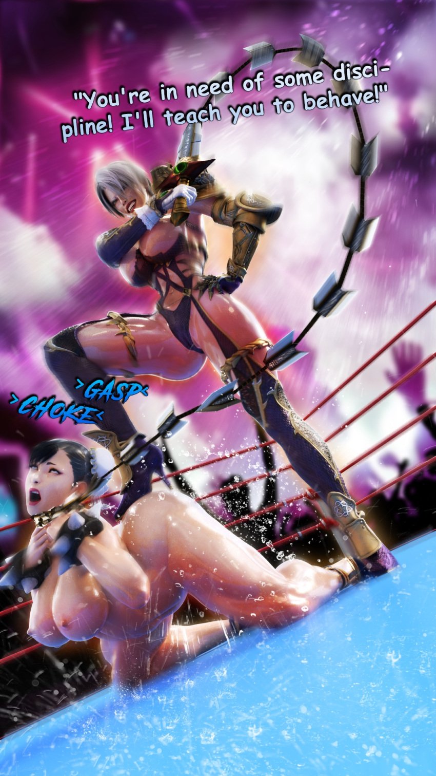 2girls 3d all_fours asian asian_female athletic_female big_breasts breasts capcom caption catfight choking chun-li completely_nude crossover crowd defeated defeated_heroine dialogue domination dominatrix english_text female_only femdom fight fighting_ring gasp gladio_tenebris gladiotenebris humiliation isabella_valentine namco nipples nude nude_female open_mouth ryona silver_hair smile soul_calibur stepped_on street_fighter text violence weapon wet_body whip wrestling wrestling_ring