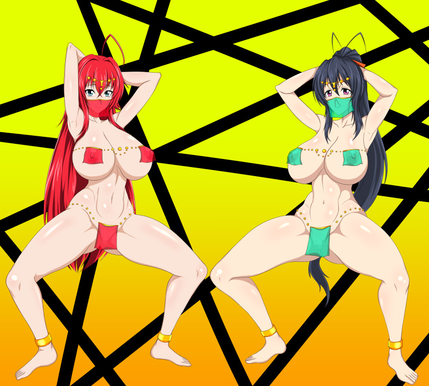 2girls ahoge akeno_himejima arms_behind_head arms_up belly_dancer belly_dancer_outfit big_breasts blue_eyes_female blue_hair blue_hair_female hair_ornament high_school_dxd huge_breasts long_blue_hair long_hair long_red_hair multiple_girls ponytail red_hair rias_gremory sihkygmojsn spread_legs squatting thick_thighs waist_length_hair