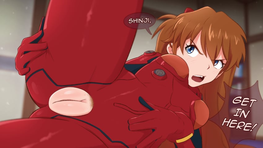 1girls absurdres asuka_langley_sohryu blue_eyes blurry blurry_background bodysuit commentary crotch_cutout dialogue english_commentary english_text female female_only female_pubic_hair grabbing_own_thigh greatm8 groin hairpods hand_on_own_stomach hand_on_own_thigh highres indoors inviting_to_sex long_hair looking_at_another lying neon_genesis_evangelion on_side orange_hair photoshop_(medium) pilot_suit plugsuit pubic_hair pussy red_bodysuit skin_tight smooth_skin solo source_filmmaker_(medium) souryuu_asuka_langley speech_bubble spread_legs teeth thighs upper_teeth_only vagina variant_set