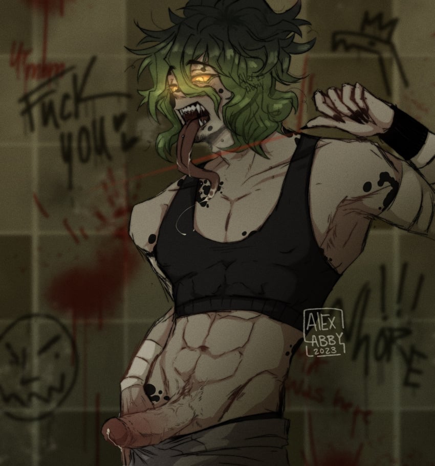 1boy blood blood_i_think body_markings demon demon_slayer drool gyutaro kimetsu_no_yaiba long_tongue male_only pants_pulled_down precum restroom rottenfleshe sharp_fingernails sharp_teeth skrunkly solo_male tile_wall wall_writing yellow_eyes