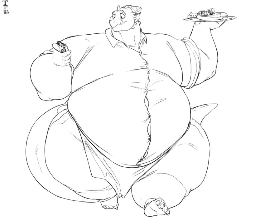 anthro belly big_belly dragon food horns itzcharlie kosmonius male overweight overweight_male pants scalie shirt thick_thighs waiter