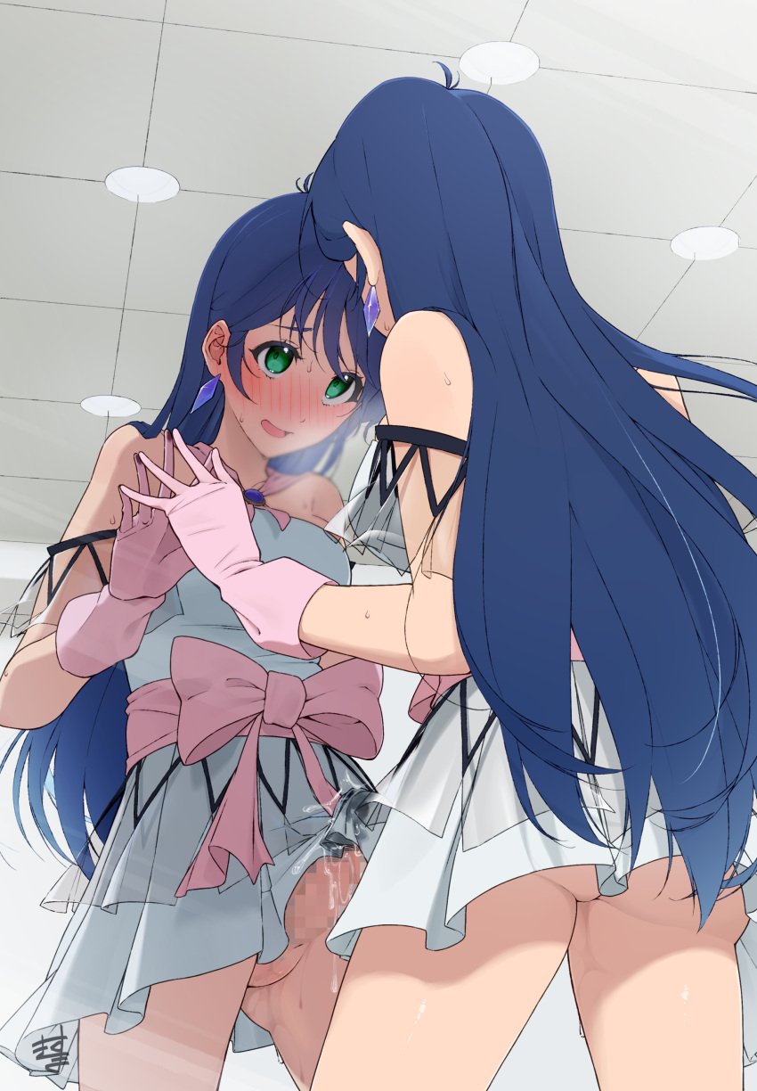 1futa big_penis blue_hair blush bottomless breasts censored clothed clothing cumdrip erection erection_under_clothes erection_under_dress erection_under_skirt futa_only futa_sans_balls futanari gloves green_eyes heavy_breathing human kanjukutomato11 light-skinned_futanari light_skin long_hair looking_at_self lynn_minmay macross masturbation mirror mosaic_censoring mostly_clothed penis penis_under_clothes penis_under_dress pink_gloves precum reflection selfcest solo standing sukima_nozoku super_dimension_fortress_macross sweat wet