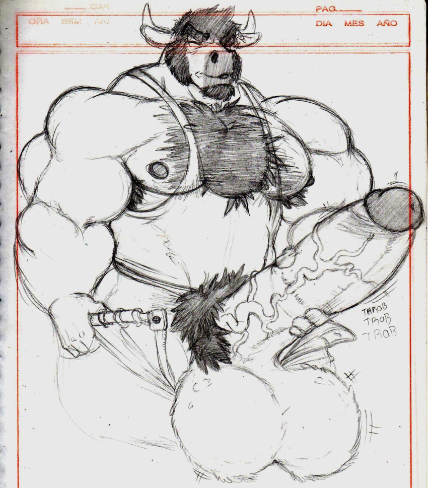 anthro balls big_balls big_penis body_hair bovid bovine cattle closed_eyes diesel_(komatose) furry hairy hairy_chest huge_balls huge_cock itzcharlie kosmonius male male_only masturbation medial_ring muscles muscular muscular_male nipples open_pants pants pecs pencil_(artwork) penis pubic_hair shirt tank_top veiny_penis