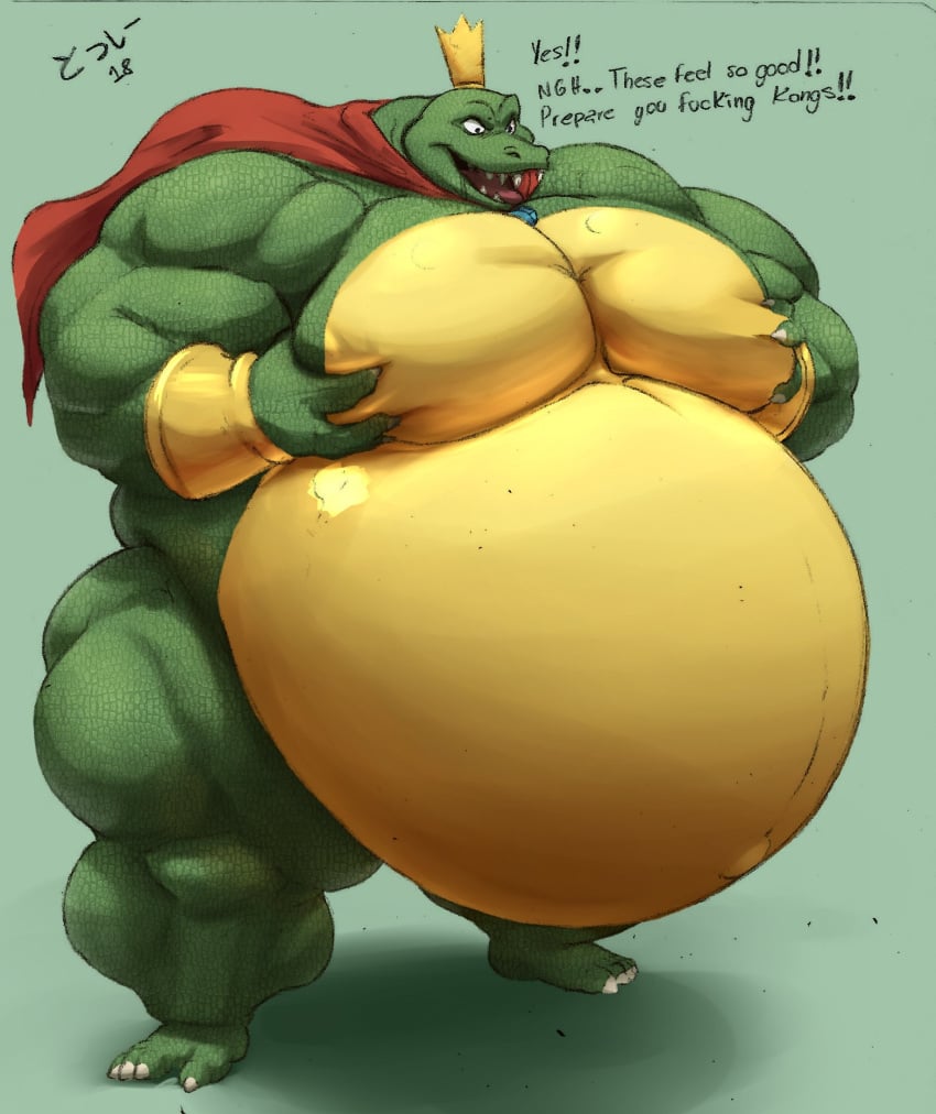 anthro belly big_belly big_muscles big_pecs bracelets cape color colored crocodile crocodilian croconut crown donkey_kong_(series) fat groping groping_pecs groping_self huge_belly itzcharlie k_rool kosmonius male male_only morbidly_obese morbidly_obese_male musclegut muscles muscular muscular_legs muscular_male nintendo obese obese_male overweight overweight_male pecs scalie shaded solo solo_male