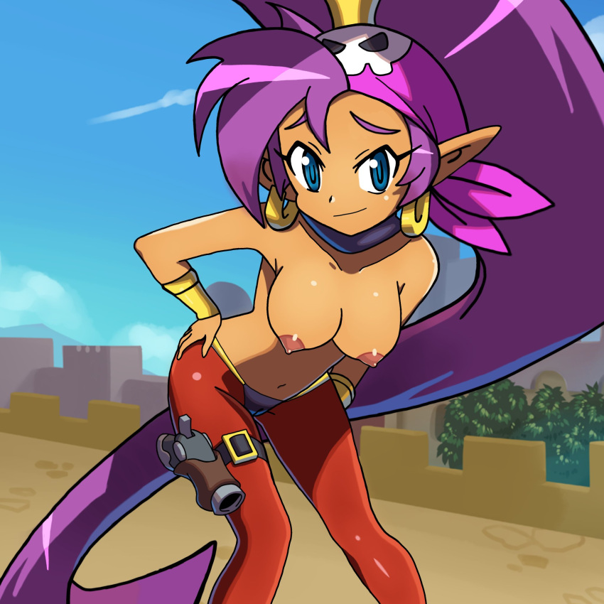 areola armiearts bandana blue_eyes bracelet breasts camel_toe cleavage clothed clothing ear_piercing ear_ring female gun hair harem_outfit hi_res humanoid_pointy_ears jewelry kerchief long_hair looking_at_viewer not_furry piercing purple_hair ranged_weapon ring_piercing shantae shantae_(character) shantae_and_the_pirate's_curse smile smiling_at_viewer smooth_skin solo tan_body tan_skin tight_clothing topless wayforward weapon