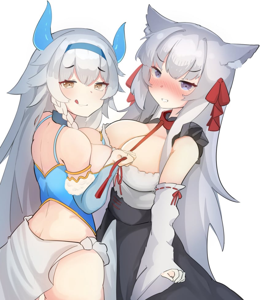 2girls animal_ears azu_ryuna big_breasts blush cleavage clothed clothing dragon_girl dragon_horns duo embarrassed eyebrows_visible_through_hair female female_only femdom femsub fox_ears fox_girl horns indie_virtual_youtuber licking_lips light-skinned_female light_skin looking_at_viewer may_kitsune nose_blush sae_art sea_dragon simple_background virtual_youtuber white_background yuri