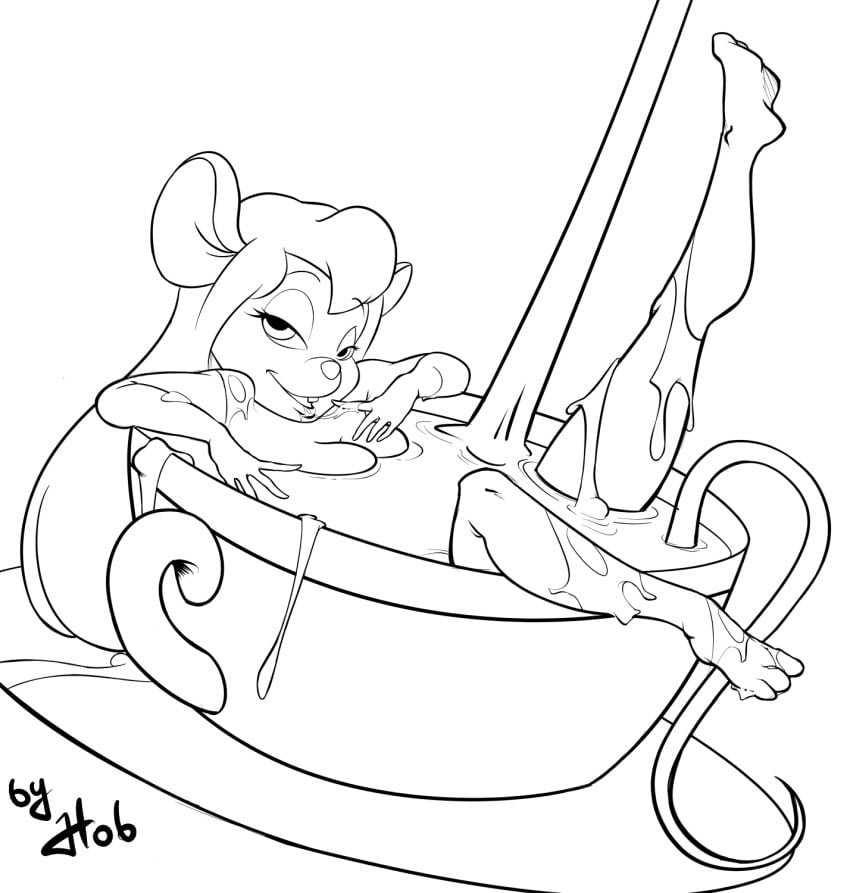 1girls bath black_and_white chip_'n_dale_rescue_rangers cup female female_only furry furry_only gadget_hackwrench hobb line_art minigirl monochrome mouse naked naked_female