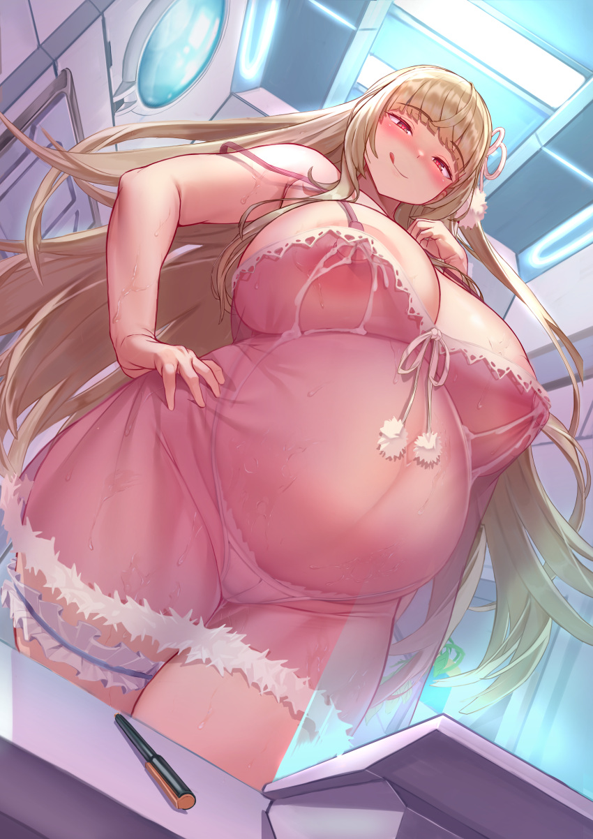 1girls areola_slip big_breasts blonde_hair blush cor369 female female_only fur_trim garter hairband hand_on_hip heart-shaped_pupils hi_res highleg_panties huge_breasts lactation lactation_without_expressing large_areolae last_origin leona_of_blood_&_iron licking_lips lingerie long_hair looking_at_viewer low-angle_view negligee nightgown nipples_visible_through_clothing no_bra panties plump pregnant see-through_clothing slightly_chubby smile solo thick_thighs wet_skin white_panties wide_hips