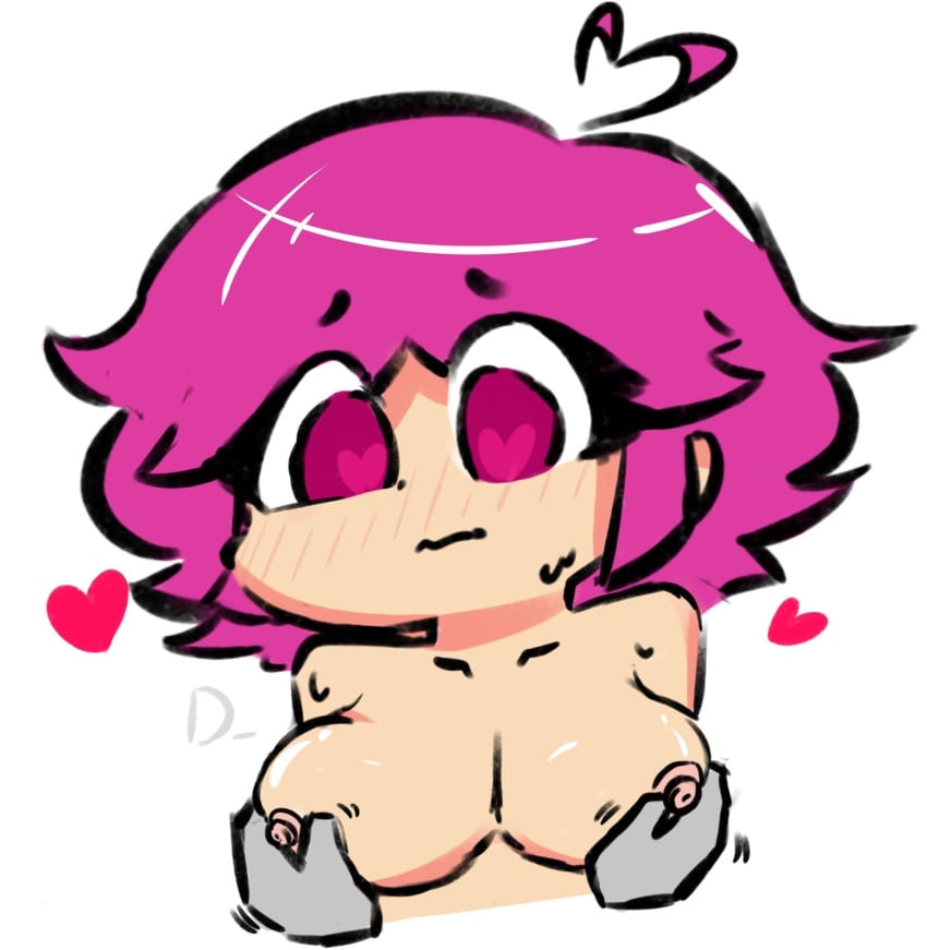 1boy 1girls big_breasts blush blush_lines female female_focus friday_night_funkin friday_night_funkin_mod heart heart-shaped_pupils hearts hearts_around_head human_pink_impostor_(fnf_mod) nervous nipples nude nude_female pinching_nipples pink_eyes pink_hair pinku_(vs_human_impostor) short_hair vs_human_impostor vs_impostor