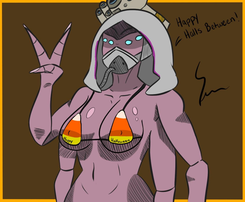 3_fingers 4_arms 4_eyes bikini bikini_top breasts bungie destiny_(game) destiny_2 eepers_neepers eido eliksni eliksni_(species) fallen halloween hood mask multi_arm multi_eye multi_limb peace_sign reddit swimsuit tagme text