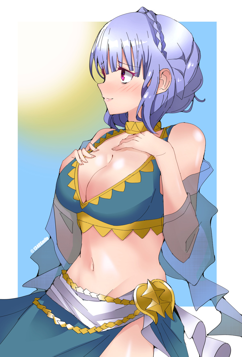 1340smile 1girls alternate_costume artist_name bikini blue_bikini blue_hair blue_swimsuit blush cleavage female female_only fire_emblem fire_emblem:_three_houses fire_emblem_heroes large_breasts marianne_von_edmund marianne_von_edmund_(summer) midriff navel nintendo official_alternate_costume pink_eyes sarong side_bangs smile solo swimsuit twitter_username