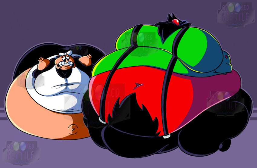 antonblast beard belly bulge clothed crookedreptile crossover crossover_pairing dynamite_anton expansion gay hairy huge_belly inflation male moustache peppino_spaghetti pizza_tower red_skin suspenders