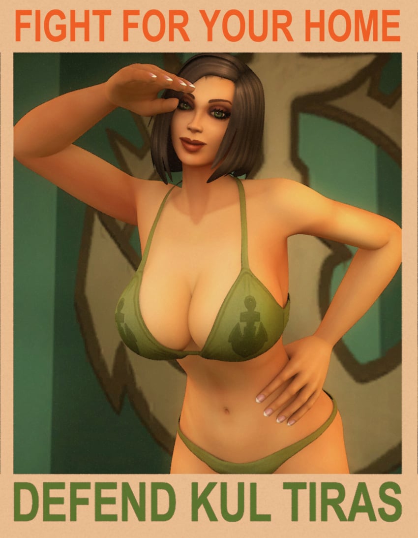 1girls 3d big_breasts blizzard_entertainment dark_hair human human_(world_of_warcraft) kaelatheelf light-skinned_female light_skin propaganda solo taelia_fordragon warcraft world_of_warcraft