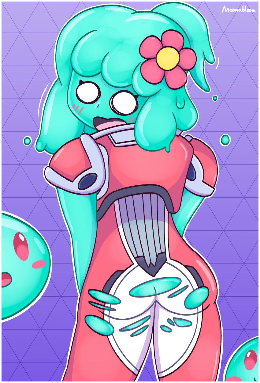 ass blush blushing female female_only green_body juno_(omega_strikers) looking_back moonabloom omega_strikers open_mouth red_body shocked shocked_expression simple_background simple_shading slime slime_girl solo surprised torn_clothes torn_clothing