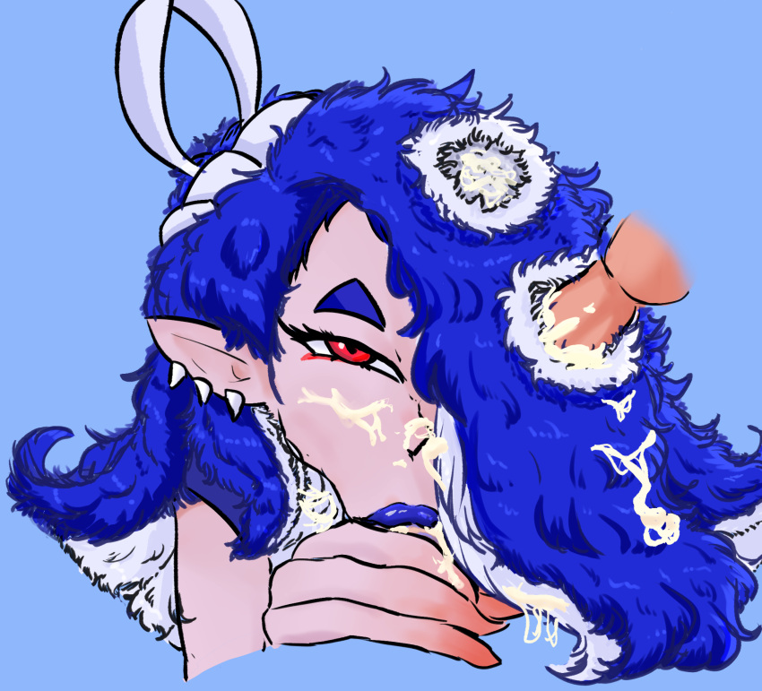 blowjob blowjob_face blowjob_pov blue_hair blue_lipstick cum cum_in_hair cum_in_mouth cum_on_hair ear_piercing fuzzy_(splatoon) fuzzy_octoling fuzzy_ooze hair_harpoon hair_suction hairjob nintendo red_eyes shiver_(splatoon) splatoon splatoon_3 squint whyquestion