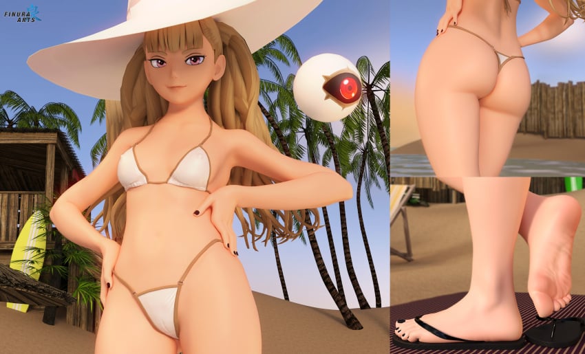 1girls 3d ass ass_focus ass_visible_through_thighs back back_view ball bangs bare_back bare_thighs barefoot beach big_ass bikini black_nails blonde_hair covered_nipples eitri_(fire_emblem) female female_only finura_arts fire_emblem fire_emblem_heroes foot_fetish hat long_hair looking_at_viewer nail_polish nintendo ocean outdoors partially_visible_vulva pink_eyes sandals see-through small_breasts smile solo swimsuit thighs twintails white_bikini white_swimsuit witch witch_hat