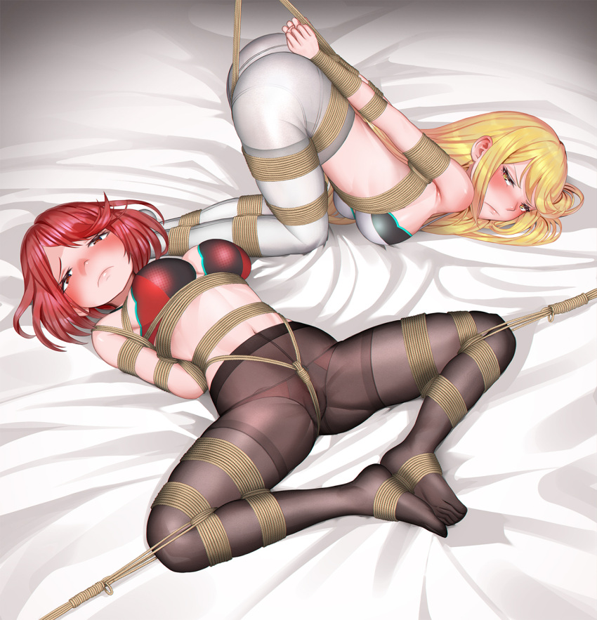 2girls aged_down arms_behind_back arms_tied_behind_back ass bed bent_over blonde_hair bondage bra breasts butt crotch_rope face_down_ass_up feet_tied female female_only femsub grazelz large_breasts legs_held_open legs_tied long_hair looking_at_viewer midriff multiple_girls multiple_subs mythra navel nintendo on_bed panties panties_under_pantyhose pantyhose pyra red_bra red_eyes red_hair red_panties rope rope_bondage shibari_over_clothes short_hair white_bra white_panties xenoblade_(series) xenoblade_chronicles_2 yellow_eyes