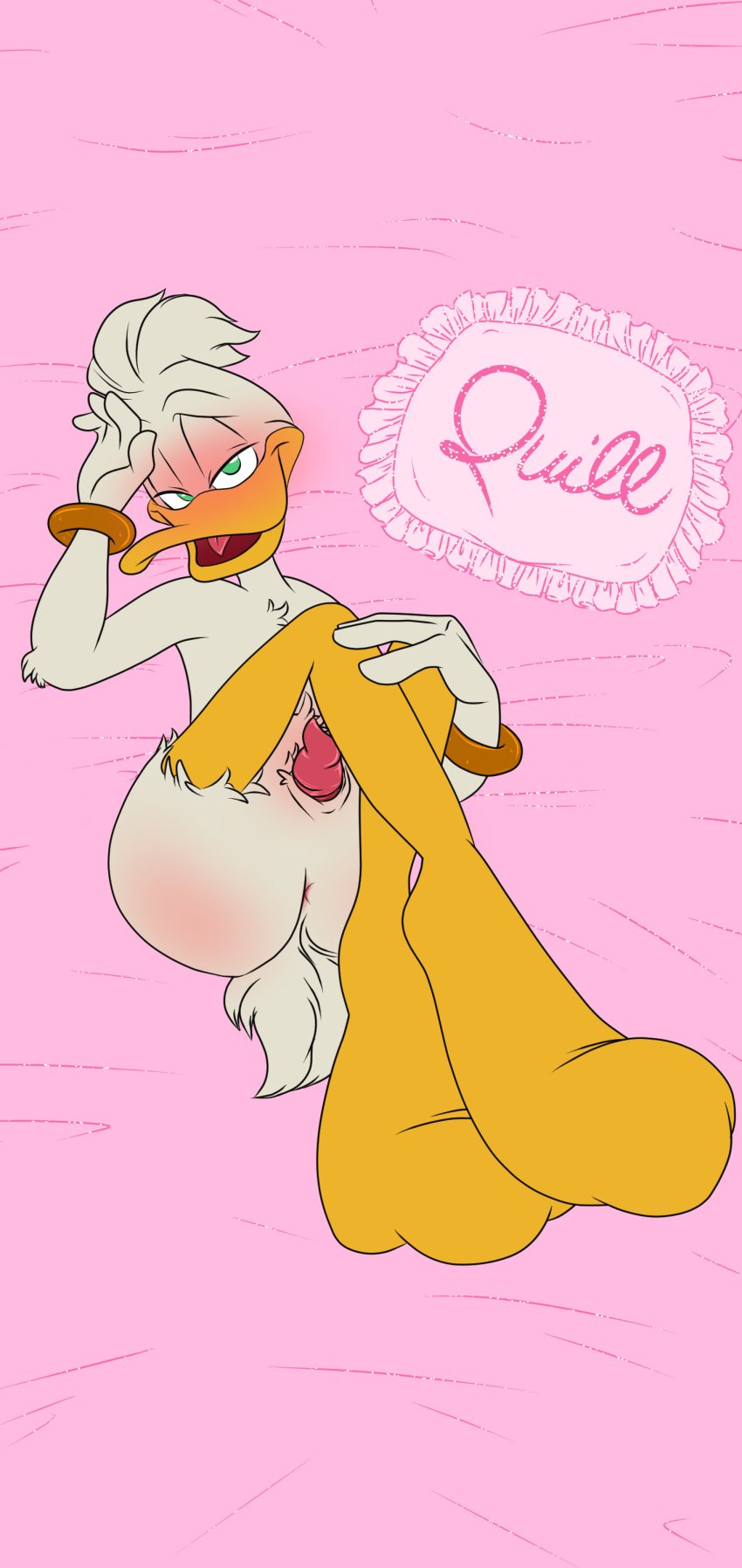 absurd_res anatid anseriform anthro avian bird dakimakura_design duck feet genitals hi_res humanoid male momonoki23 penis pinup pose quill_wonderfowl solo spiral_penis