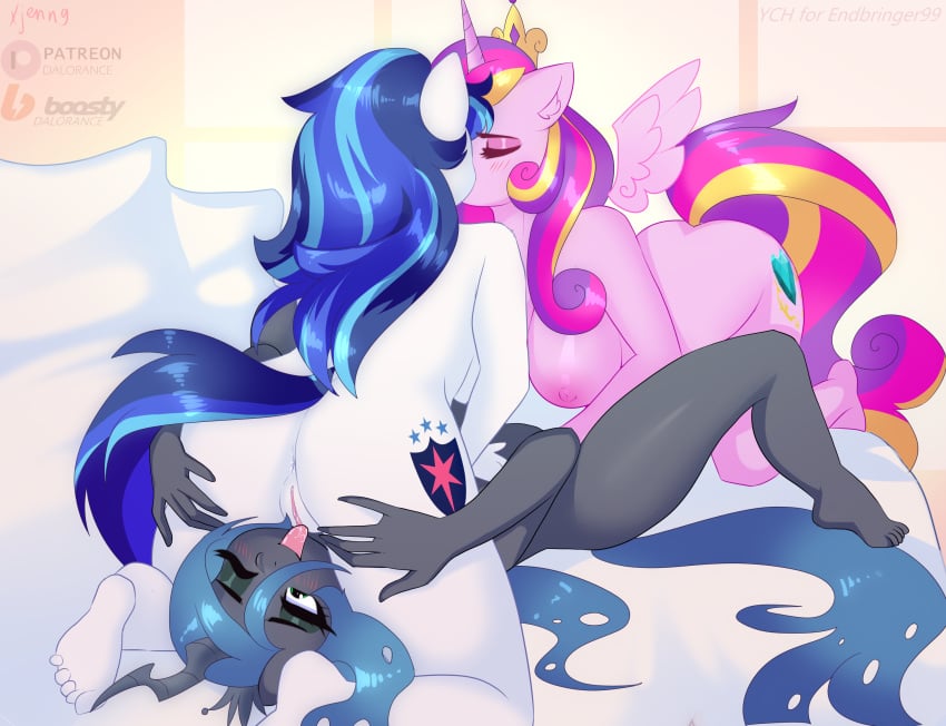 alicorn anthro anthro_on_anthro anthrofied anus arthropod ass bed big_breasts big_butt blue_body breasts changeling cunnilingus cutie_mark equid equine female female/female friendship_is_magic furniture genitals gleaming_shield_(mlp) group group_sex hair hand_on_butt hasbro hi_res horn kissing lying mammal married_couple mtf_crossgender multicolored_hair my_little_pony nipples nude on_back on_bed oral princess_cadance_(mlp) purple_body pussy queen_chrysalis_(mlp) rule_63 sex shining_armor_(mlp) smooth_skin threesome trio unicorn vaginal_penetration white_body wings xjenn9