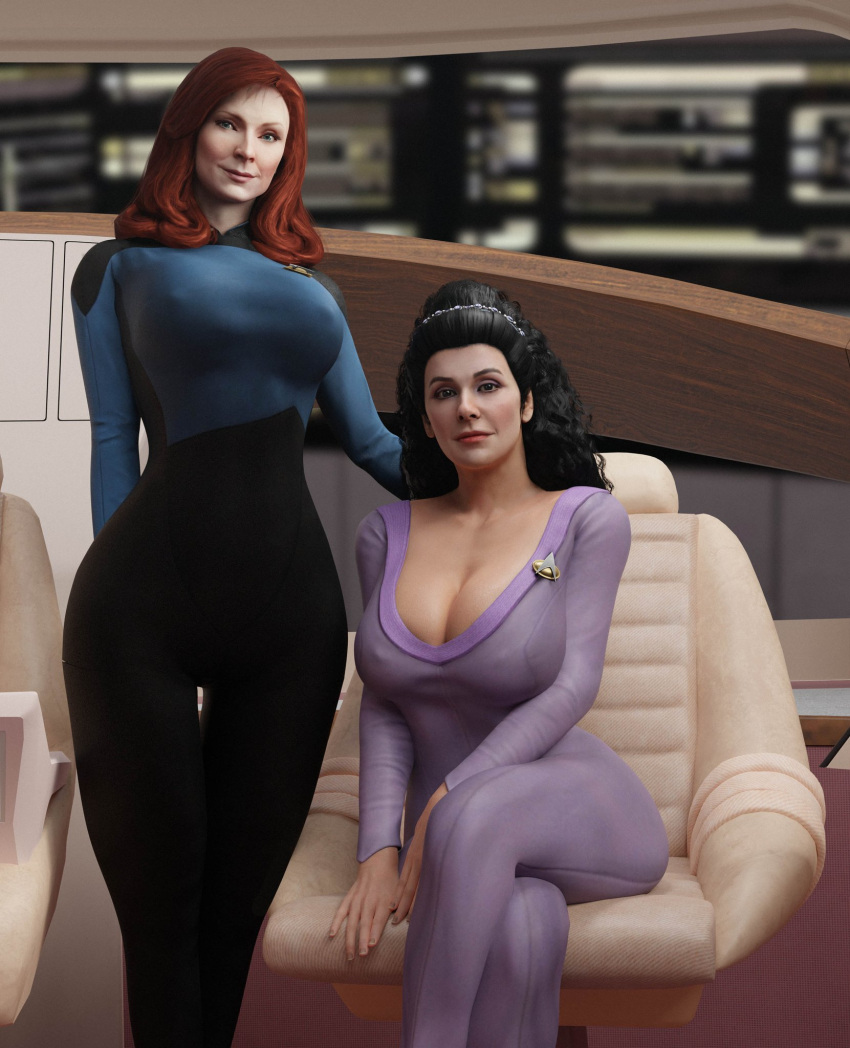 2girls 3d actress batesz beverly_crusher big_ass big_breasts black_hair blender breasts brown_hair celebrity combadge curvy deanna_troi female female_only hourglass_figure huge_breasts human human_only large_ass large_breasts light-skinned_female light_skin mature mature_female multiple_girls star_trek star_trek_the_next_generation starfleet_insignia starfleet_uniform thick_thighs thighs voluptuous voluptuous_female wide_hips