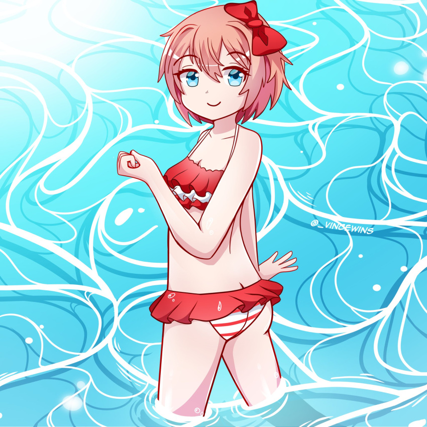 1girls 5_fingers _vincewins ass bikini bikini_bottom bikini_top blue_eyes bow doki_doki_literature_club female female_only hairbow just_sayori red_bow red_hair_bow red_hairbow sayori_(doki_doki_literature_club) smile solo strawberry_blonde_hair swimsuit_skirt water