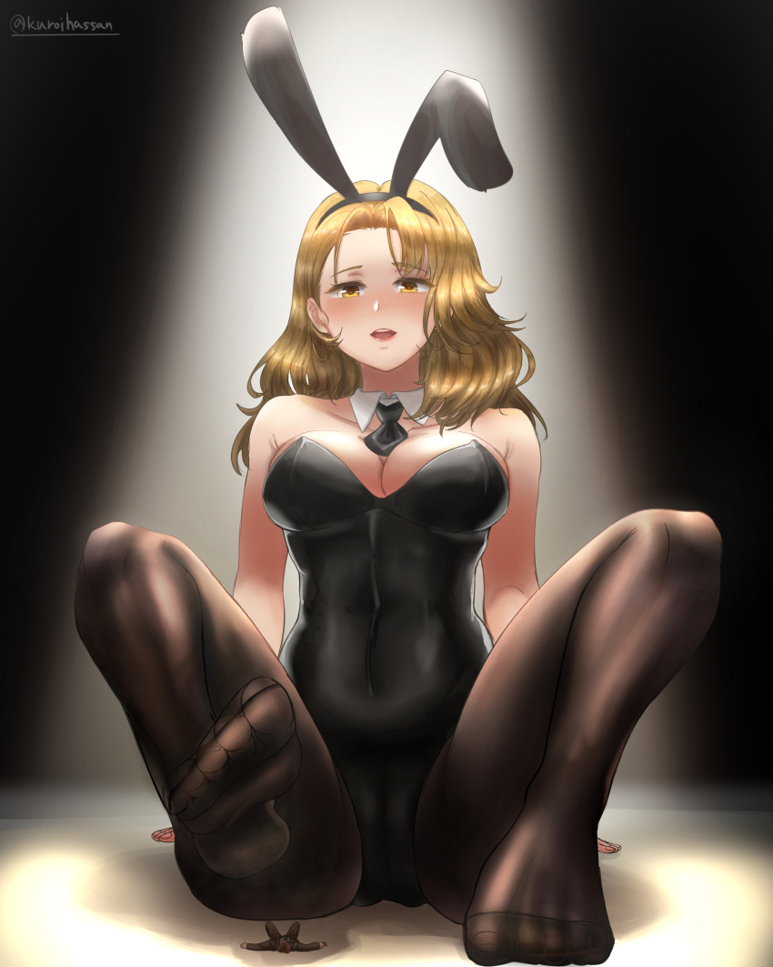 black_pantyhose blonde_hair bunny_girl bunnysuit feet giantess kuroihassan pantyhose smaller_male