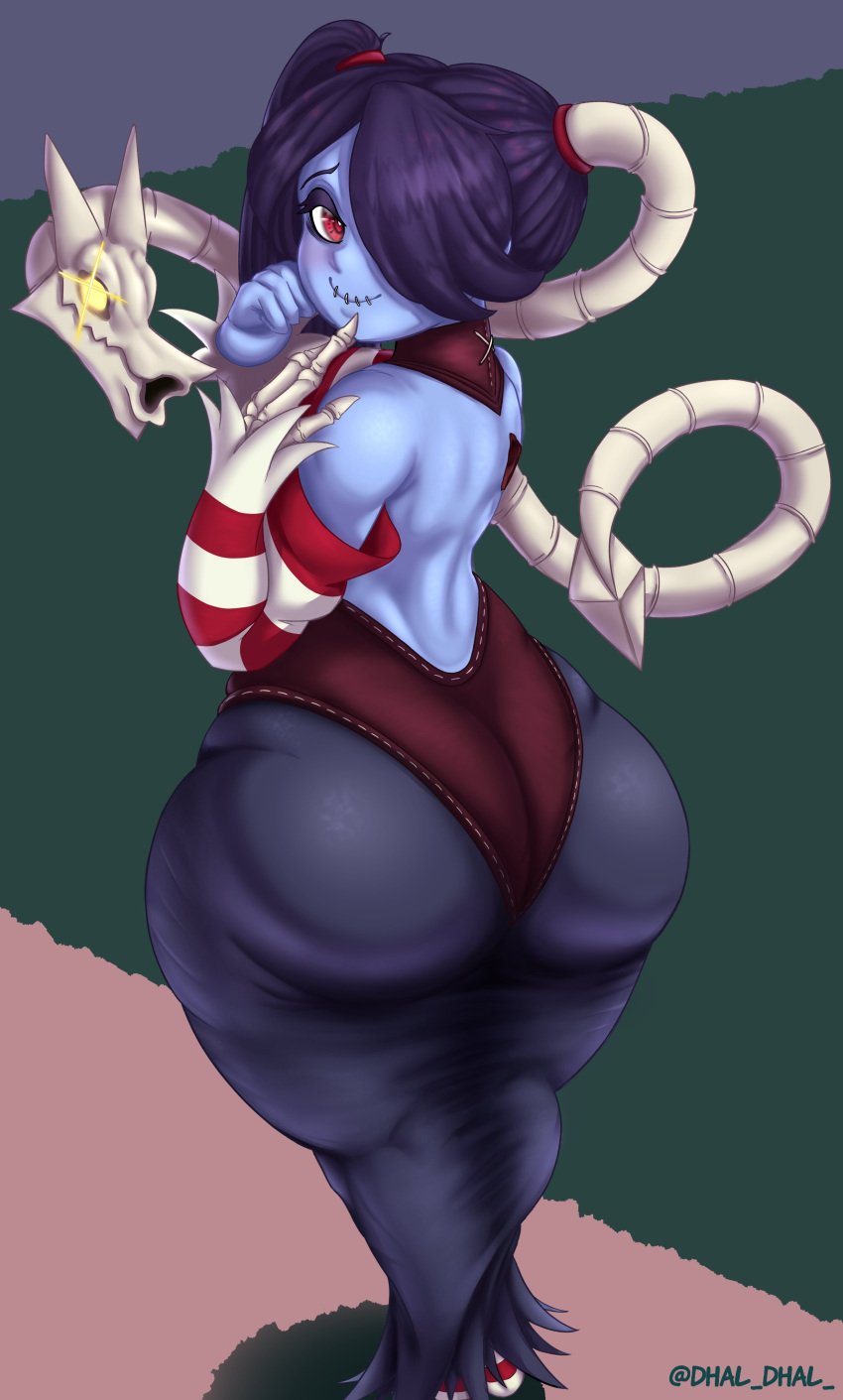 1girls ass back blue_skin blush bottom_heavy cute detached_sleeves dhaldhal huge_ass leviathan_(skullgirls) looking_back one_eye_covered purple_hair red_eyes skullgirls smile squigly stitches tight_clothing zombie_girl