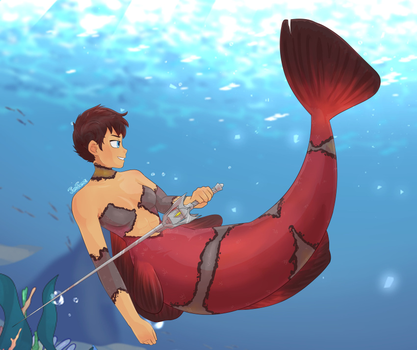 1girls artist_request bandit blue_eye female female_focus female_only jpeg mermaid mermaid_girl mermaid_tail red_tail rwby short_hair signature smile solo sword tagme underwater vernal water