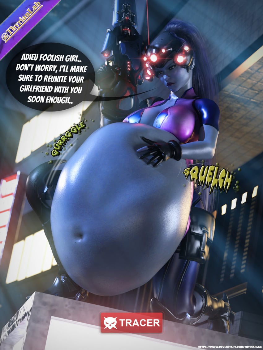 2girls 3d belly belly_bulge big_belly big_belly_bulge blue_hair blue_skin blue_skinned_female breasts digestion digestion_noises fatal fatal_vore female_pred female_prey hand_on_belly implied_vore long_hair looking_at_belly oral_vore overwatch same_size_vore sniper sniper_rifle soft_vore talking_to_prey thyrianlab tracer vore vore_belly widowmaker