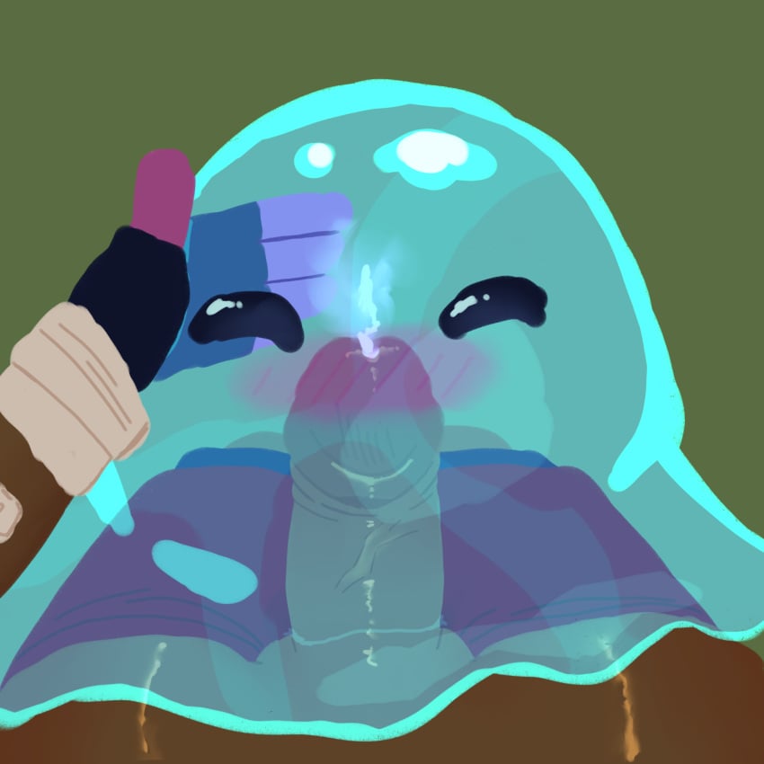 bandage bandages beatrix_lebeau_(slime_rancher) blush blush_lines cum cum_in_water cum_inside dark_skin fleshlight futanari gloves kittyt0ne living_fleshlight living_sex_toy pants_pulled_down puddle_slime slime slime_monster slime_penetrated slime_rancher thick_penis thick_thighs translucent water