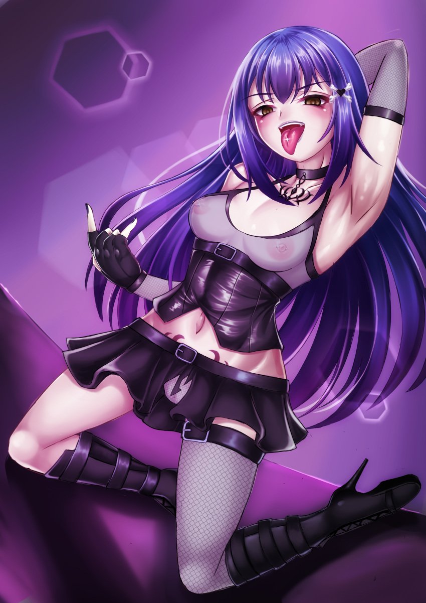 1girls armpits arms_behind_head blue_hair blush breasts darkphoenix fairy_tail female female_only fishnets gloves goth high_heel_boots high_heels highres kneeling long_hair nipple_piercing on_knees pale_skin rock_of_succubus see-through see-through_clothing skirt solo straight_hair tattoo tongue_out tongue_piercing wendy_marvell