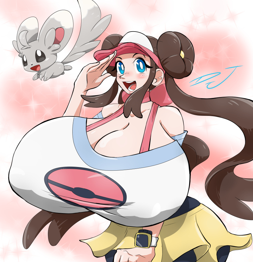 1girls 1other alternate_breast_size bare_shoulders blue_eyes blush bow bra_strap breasts brown_hair cleavage covered_nipples cowboy_shot curvy djthepokemen double_bun enormous_breasts female female_focus hand_up hat human hyper hyper_breasts light-skinned_female light_skin long_hair looking_at_viewer minccino narrow_waist nintendo off_shoulder open_mouth pantyhose pokemon pokemon_(species) pokemon_bw2 rosa_(pokemon) salute shirt shorts smile solo_focus standing top_heavy twintails visor white_shirt wide_hips wristwatch yellow_shorts