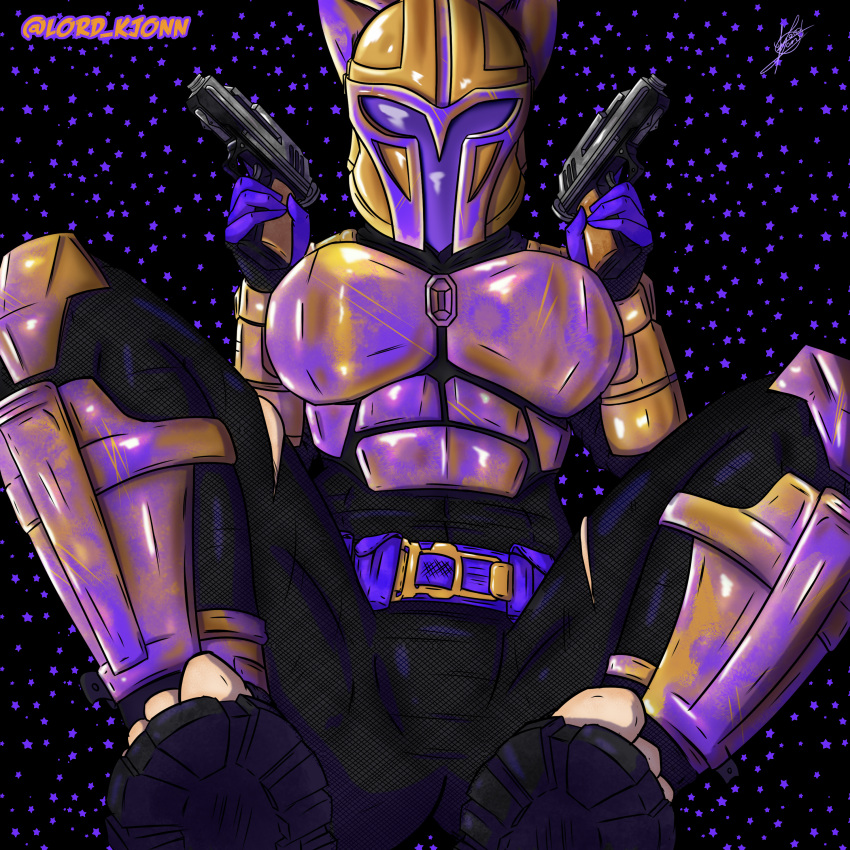 armor armored_female big_ass big_breasts blue_background breasts gun helmet huge_breasts lord_kjonn mandalorian nimu nimu_(irl) nimu_by_kjonn ripped_clothing sofía_magaly_santillán_(nimu) star_wars tenia_que_ser_nimu_(meme) text virtual_youtuber