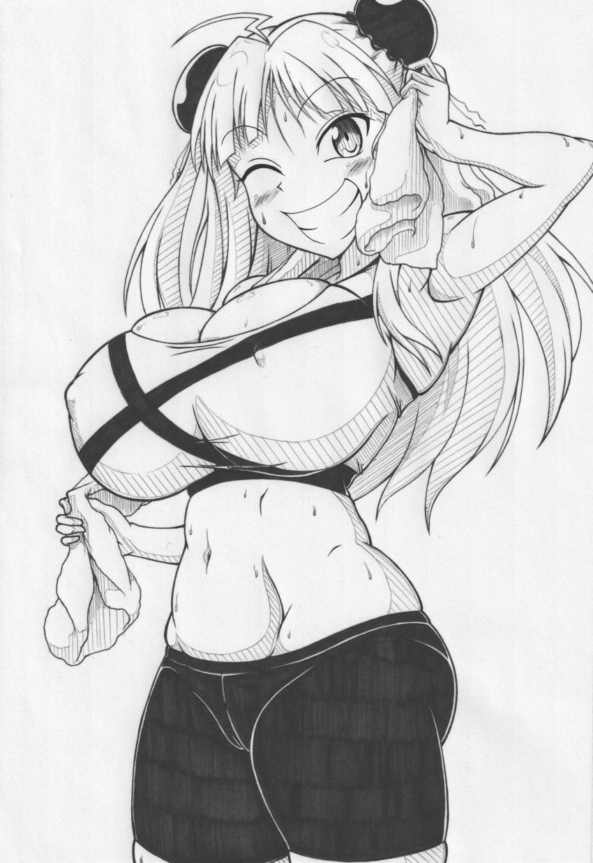 1girls ahoge bangs blush cameltoe double_bun eyebrows_visible_through_hair female ha_jin large_breasts long_hair midriff monochrome navel nipple_bulge pencil_(artwork) renka_(senran_kagura) skindentation solo sports_bra sportswear standing sweat towel