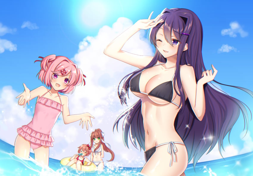 4girls 5_fingers ass big_breasts bikini bikini_bottom bikini_top blue_popsicle blue_sky blush bow breasts cleavage closed_eyes cloud doki_doki_literature_club female female_only flat_chest flat_chested green_eyes hair_intakes hairbow innertube long_hair monika_(doki_doki_literature_club) multiple_girls natsuki_(doki_doki_literature_club) one_eye_closed pink_eyes pink_hair pink_swimsuit popsicle purple_eyes purple_hair red_bow red_hair_bow red_hairbow s_h_riek sayori_(doki_doki_literature_club) shiny_skin strawberry_blonde_hair swimsuit swimsuit_skirt swimwear water white_bikini white_bikini_bottom white_bikini_top yuri_(doki_doki_literature_club)