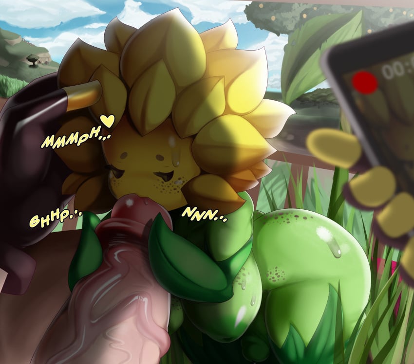 1boy 1futa athletic_futanari bigger_male dwn000 fellatio filming futanari gloves human human_penetrating light-skinned_male male_on_futa monster_girl plant_girl plants_vs_zombies precum pvz smaller_futanari sucking sunflower sunflower_(pvz) sweat