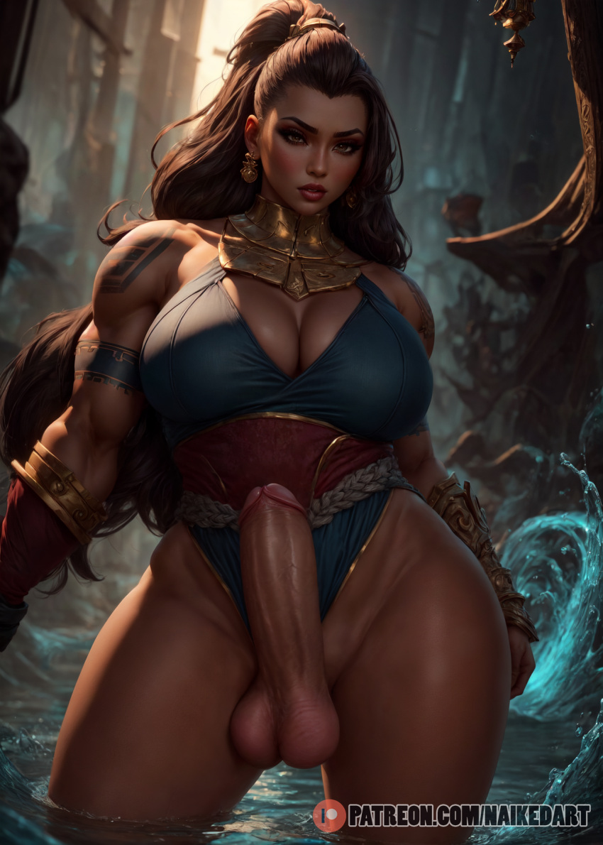 1futa ai_generated big_penis dark-skinned_futanari dark_skin futanari illaoi intersex league_of_legends muscular muscular_futanari naikedart solo solo_futa stable_diffusion thick_thighs wide_hips